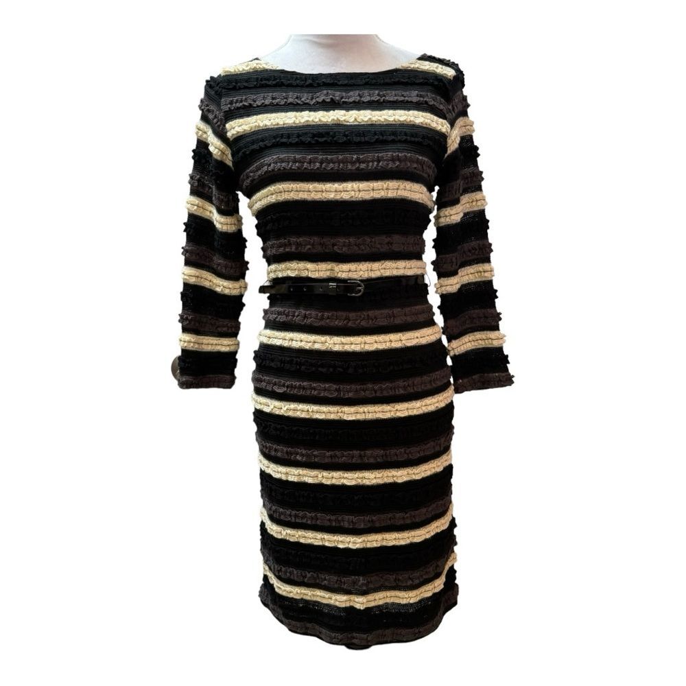 NWT Sharagano Black Ivory Stripe Textured Ruffle Sheath Dress Belted Size 6